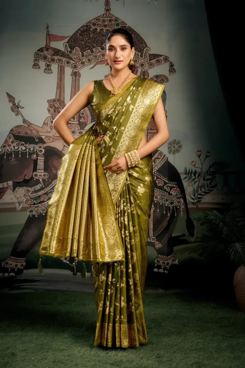 Olive Green Colour Premium Soft Silk Wedding Saree with Jhallar front look