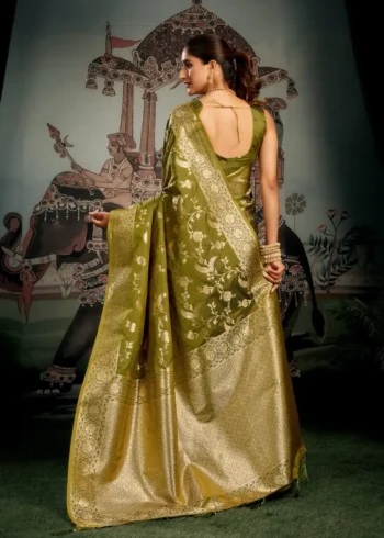 Olive Green Colour Premium Soft Silk Wedding Saree with Jhallar back side design