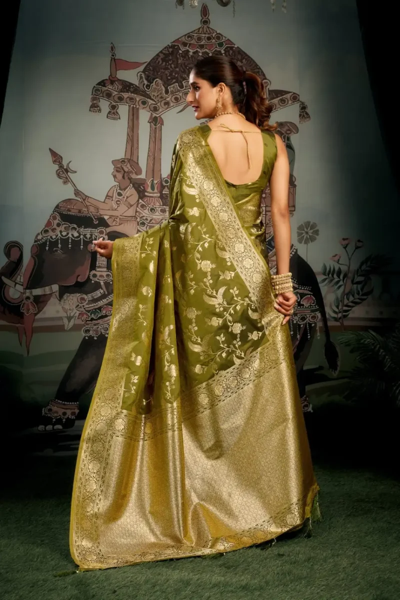 Olive Green Colour Premium Soft Silk Wedding Saree with Jhallar back side design