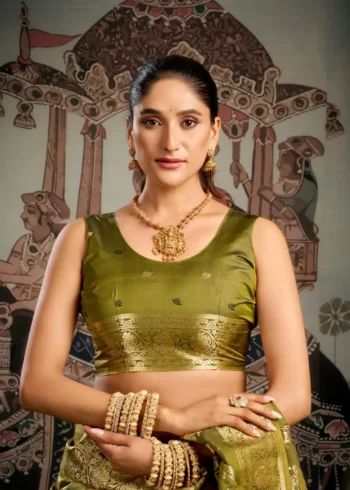 Olive Green Colour Premium Soft Silk Wedding Saree with Jhallar blouse look