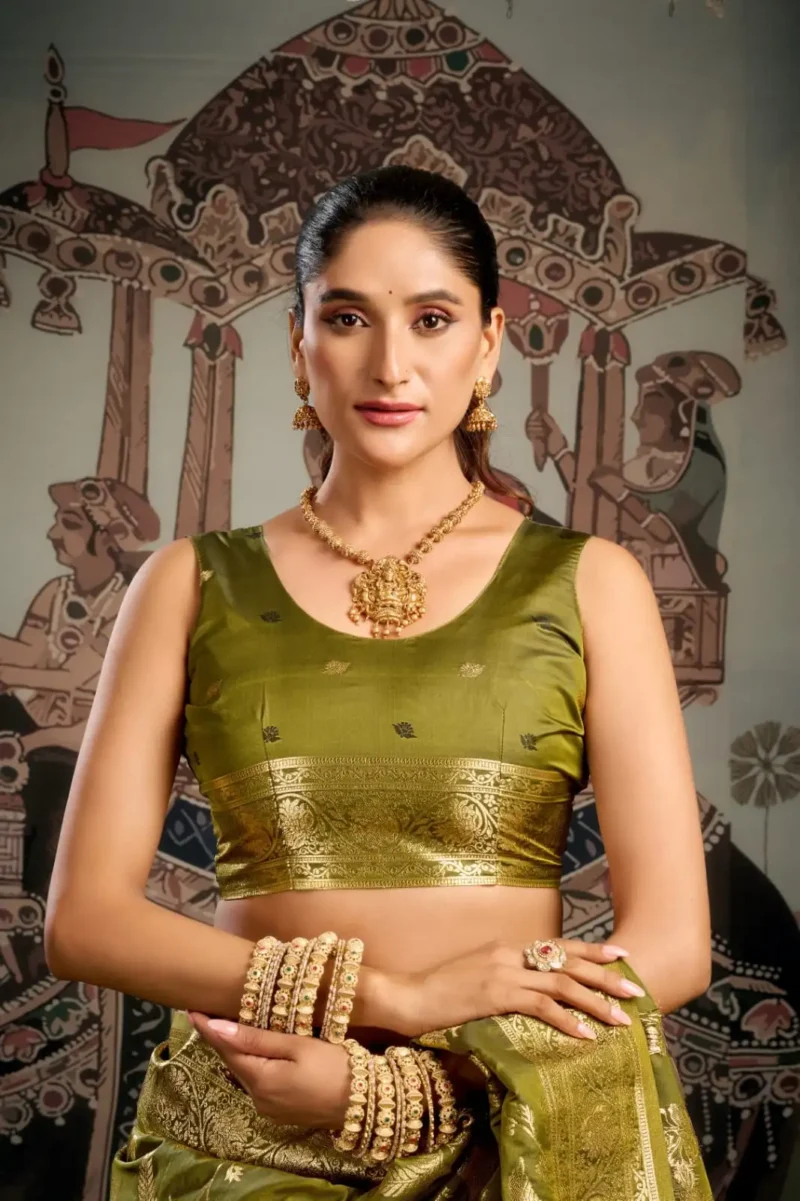 Olive Green Colour Premium Soft Silk Wedding Saree with Jhallar blouse look
