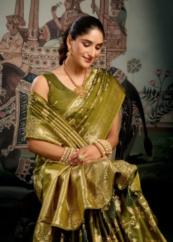 Olive Green Colour Premium Soft Silk Wedding Saree with Jhallar close look