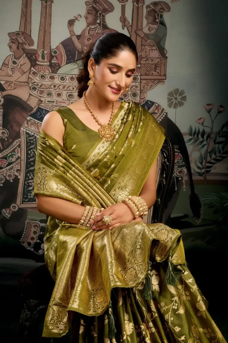 Olive Green Colour Premium Soft Silk Wedding Saree with Jhallar close look