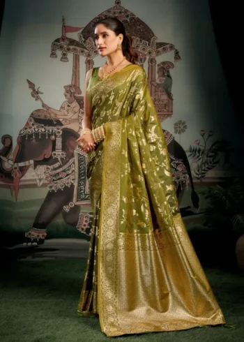 Olive Green Colour Premium Soft Silk Wedding Saree with Jhallar side look