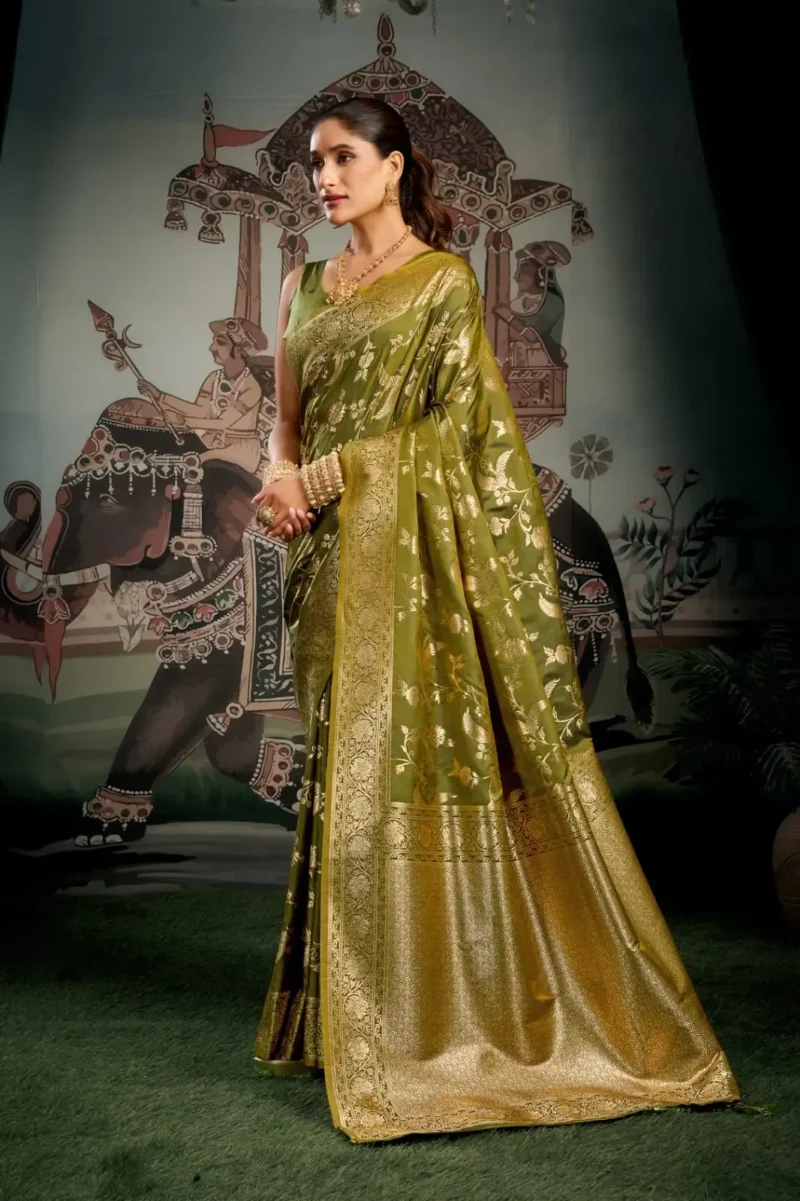Olive Green Colour Premium Soft Silk Wedding Saree with Jhallar side look