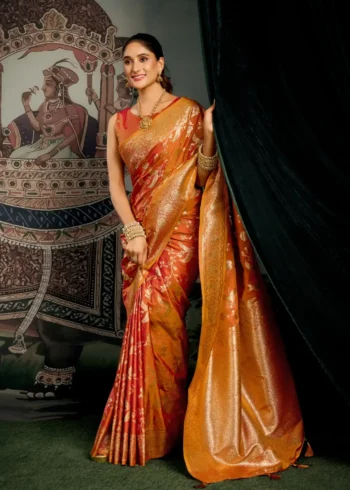 Orange Colour Premium Soft Silk Wedding Saree with Jhallar front look
