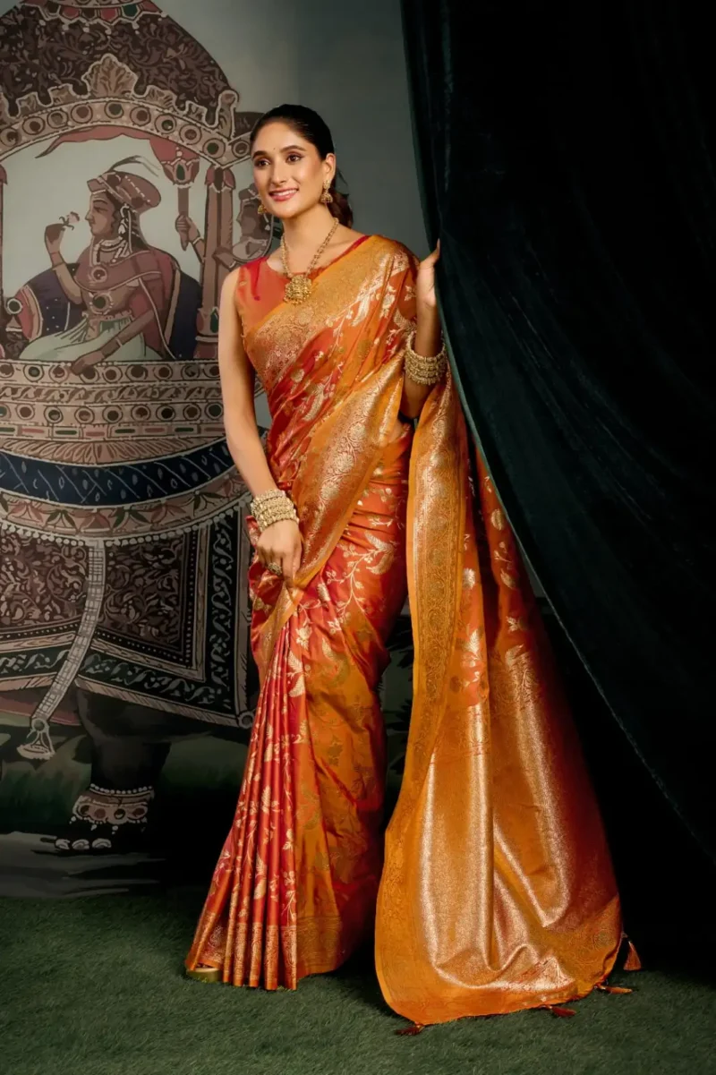 Orange Colour Premium Soft Silk Wedding Saree with Jhallar front look