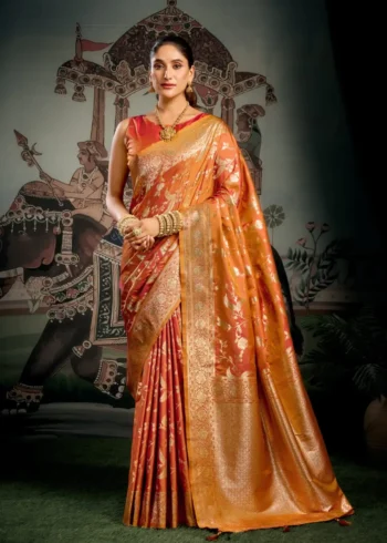 Orange Colour Premium Soft Silk Wedding Saree with Jhallar full front