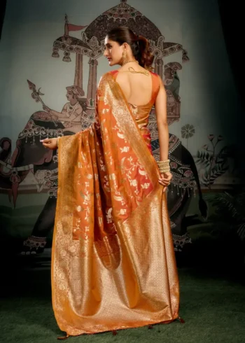 Orange Colour Premium Soft Silk Wedding Saree with Jhallar back side