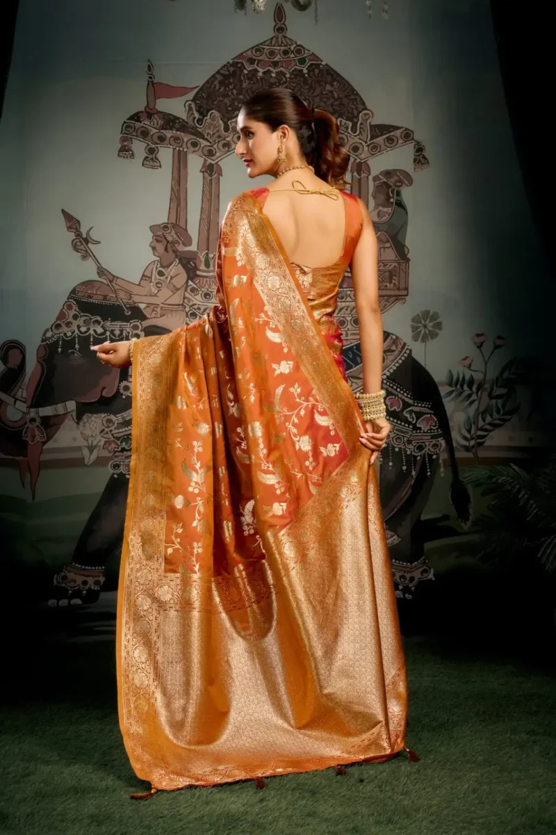 Orange Colour Premium Soft Silk Wedding Saree with Jhallar back side