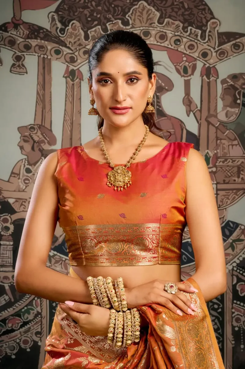 Orange Colour Premium Soft Silk Wedding Saree with Jhallar blouse
