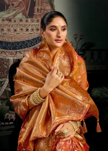 Orange Colour Premium Soft Silk Wedding Saree with Jhallar close look