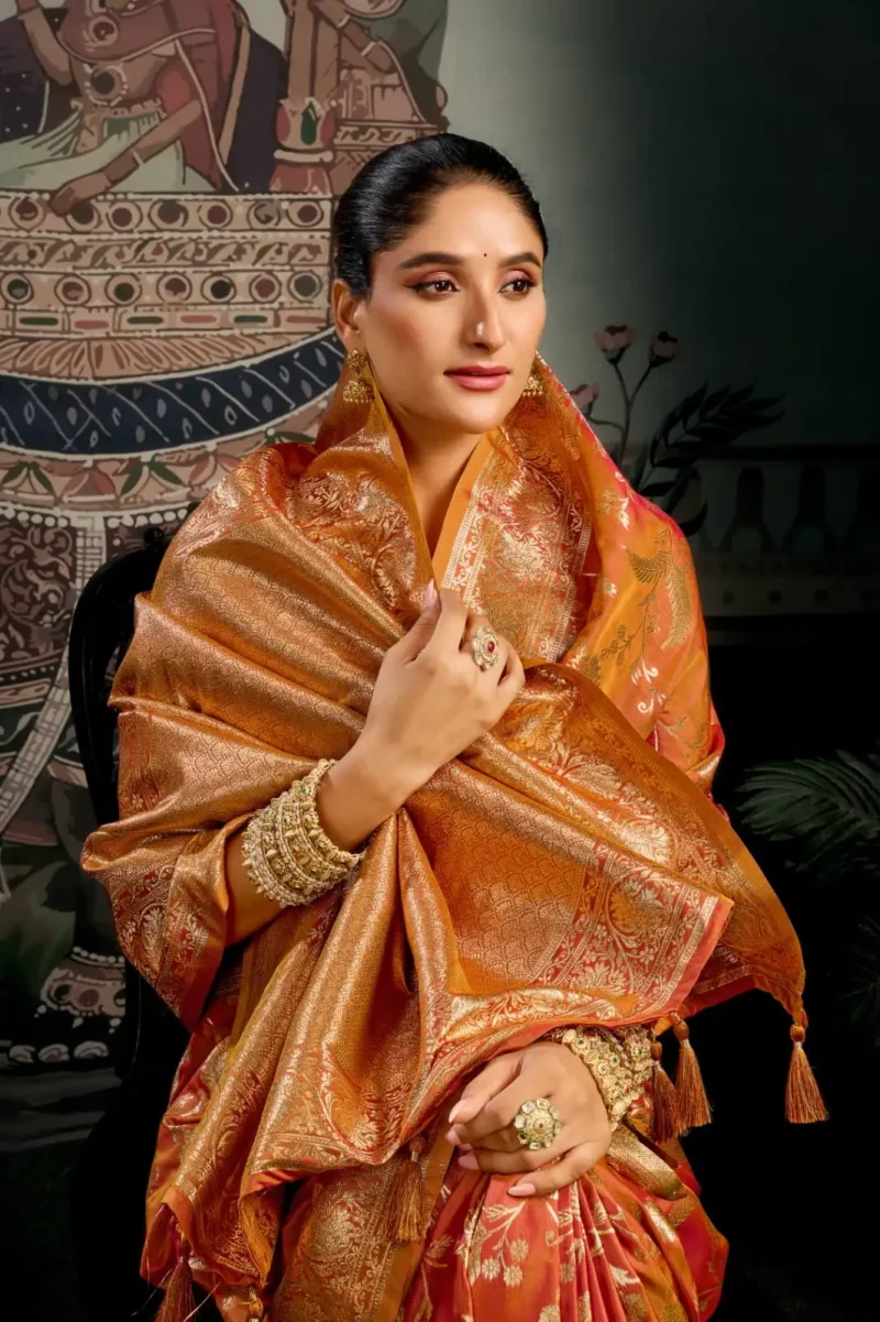Orange Colour Premium Soft Silk Wedding Saree with Jhallar close look
