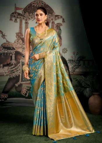 Sky Blue Colour Premium Soft Silk Wedding Saree with Jhallar front look