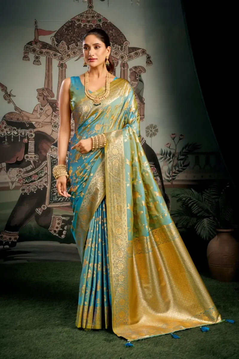 Sky Blue Colour Premium Soft Silk Wedding Saree with Jhallar front look