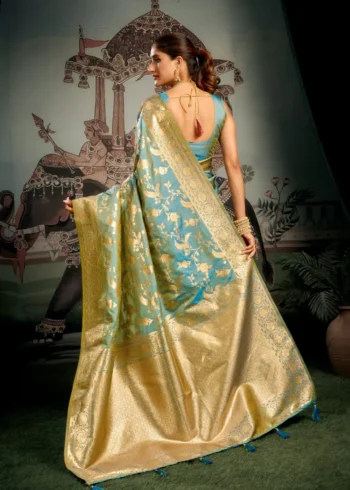 Sky Blue Colour Premium Soft Silk Wedding Saree with Jhallar back side look