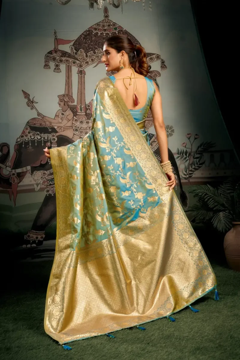 Sky Blue Colour Premium Soft Silk Wedding Saree with Jhallar back side look