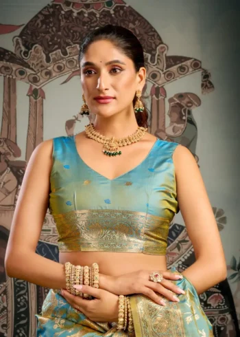Sky Blue Colour Premium Soft Silk Wedding Saree with Jhallar blouse look