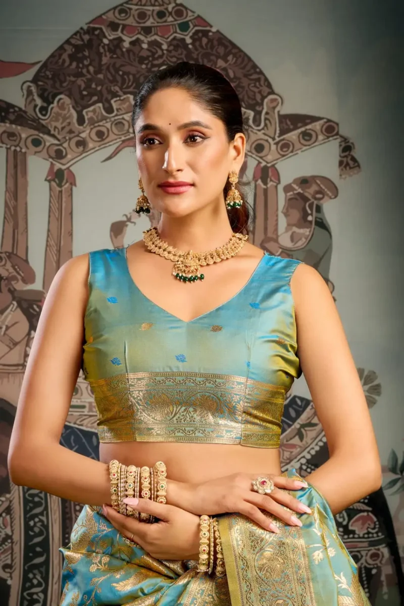 Sky Blue Colour Premium Soft Silk Wedding Saree with Jhallar blouse look