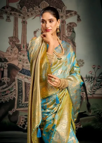 Sky Blue Colour Premium Soft Silk Wedding Saree with Jhallar close look
