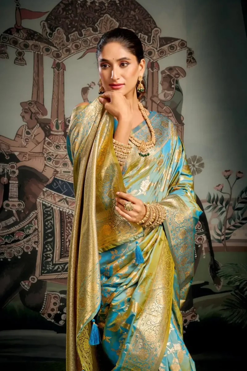 Sky Blue Colour Premium Soft Silk Wedding Saree with Jhallar close look