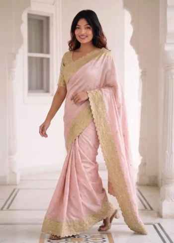 Pastel Baby Pink Pure Kanjivaram Silk Wedding Saree with Gold Zari Weaving Border front look