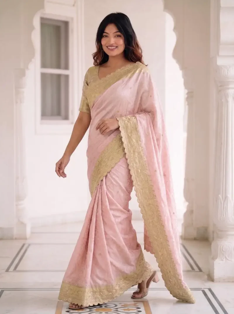 Pastel Baby Pink Pure Kanjivaram Silk Wedding Saree with Gold Zari Weaving Border front look