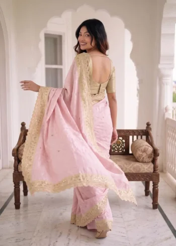 Pastel Baby Pink Pure Kanjivaram Silk Wedding Saree with Gold Zari Weaving Border back design