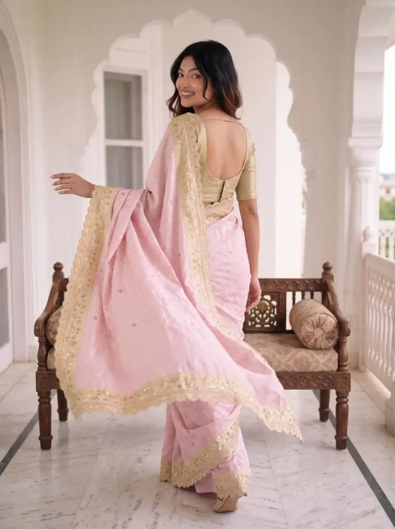Pastel Baby Pink Pure Kanjivaram Silk Wedding Saree with Gold Zari Weaving Border back design