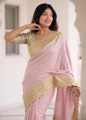 Pastel Baby Pink Pure Kanjivaram Silk Wedding Saree with Gold Zari Weaving Border close front