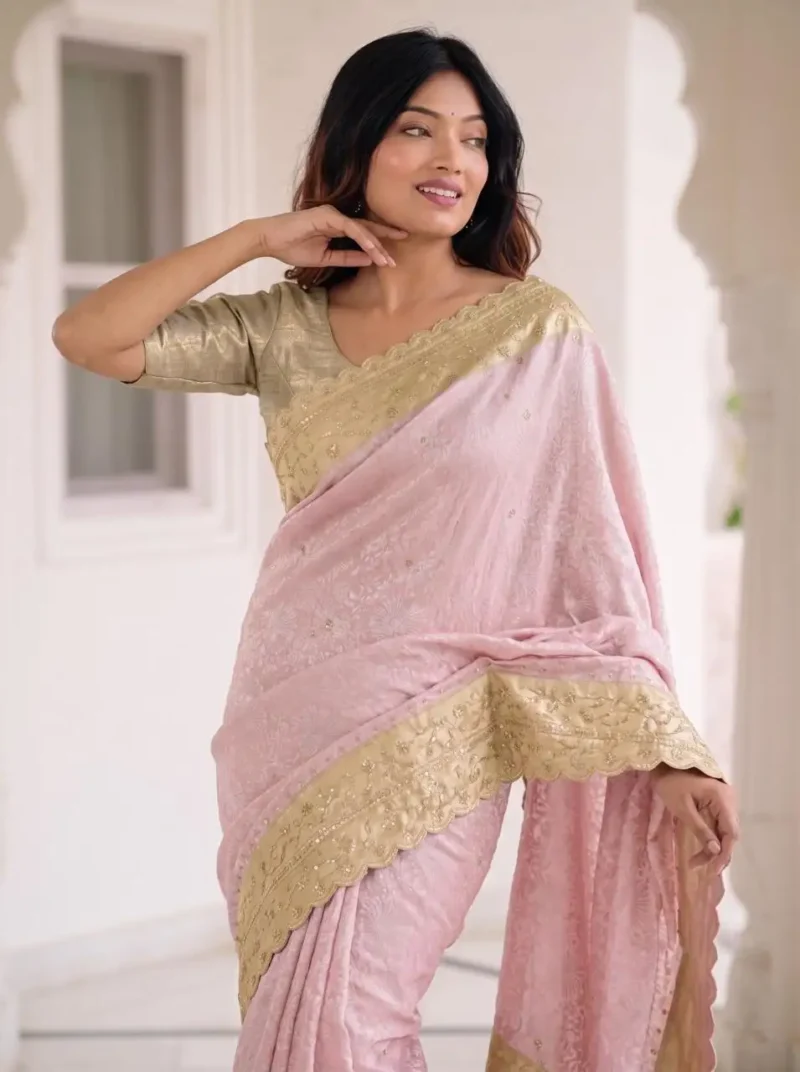 Pastel Baby Pink Pure Kanjivaram Silk Wedding Saree with Gold Zari Weaving Border close front