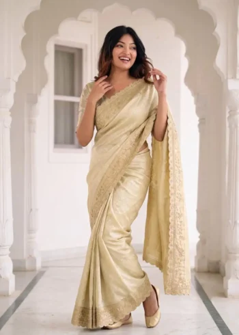 Pastel Cream Pure Kanjivaram Silk Wedding Saree with Gold Zari Weaving Border front look
