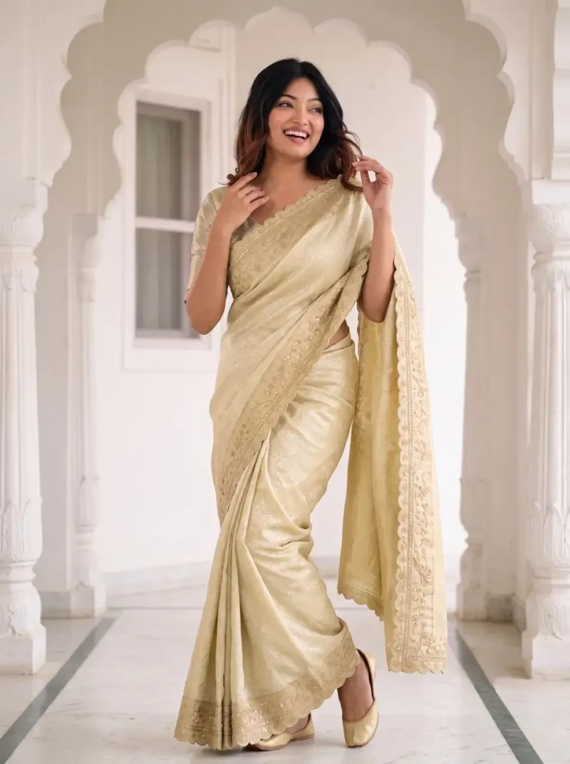 Pastel Cream Pure Kanjivaram Silk Wedding Saree with Gold Zari Weaving Border front look