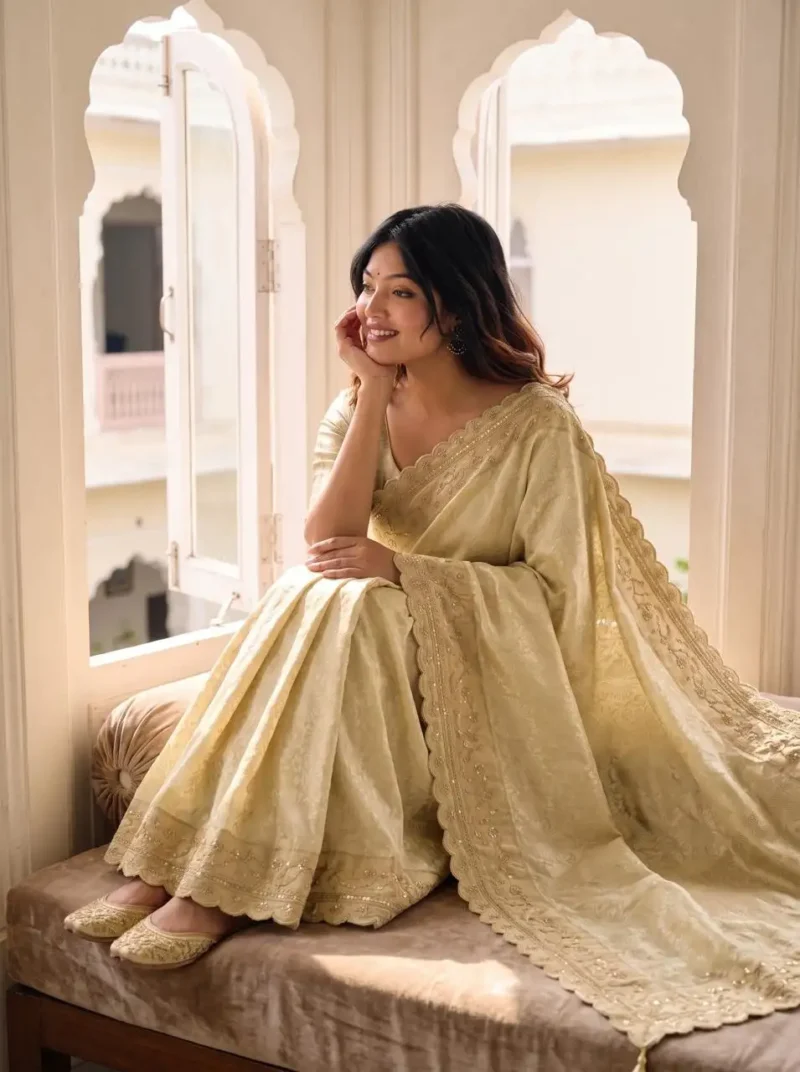 Pastel Cream Pure Kanjivaram Silk Wedding Saree with Gold Zari Weaving Border sitting pose