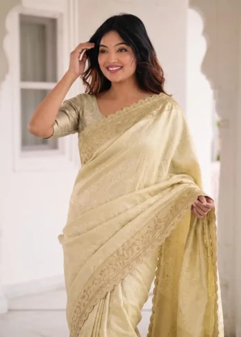 Pastel Cream Pure Kanjivaram Silk Wedding Saree with Gold Zari Weaving Border front close