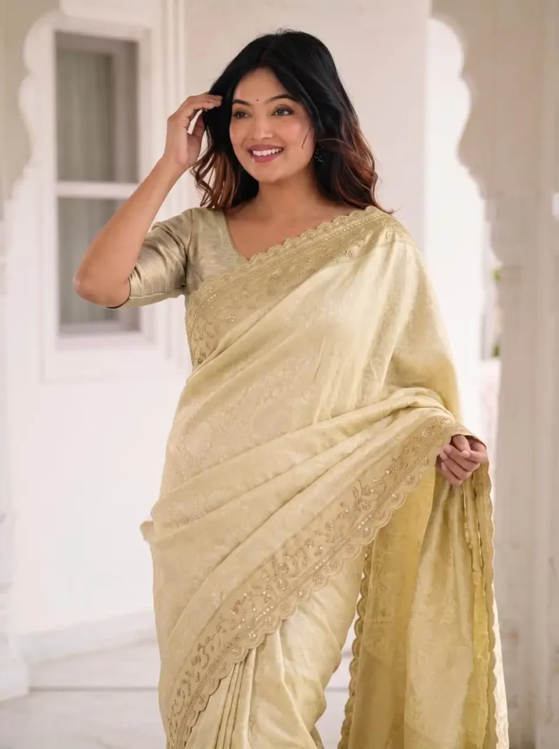 Pastel Cream Pure Kanjivaram Silk Wedding Saree with Gold Zari Weaving Border front close
