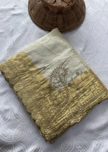 Pastel Cream Pure Kanjivaram Silk Wedding Saree with Gold Zari Weaving Border open folded