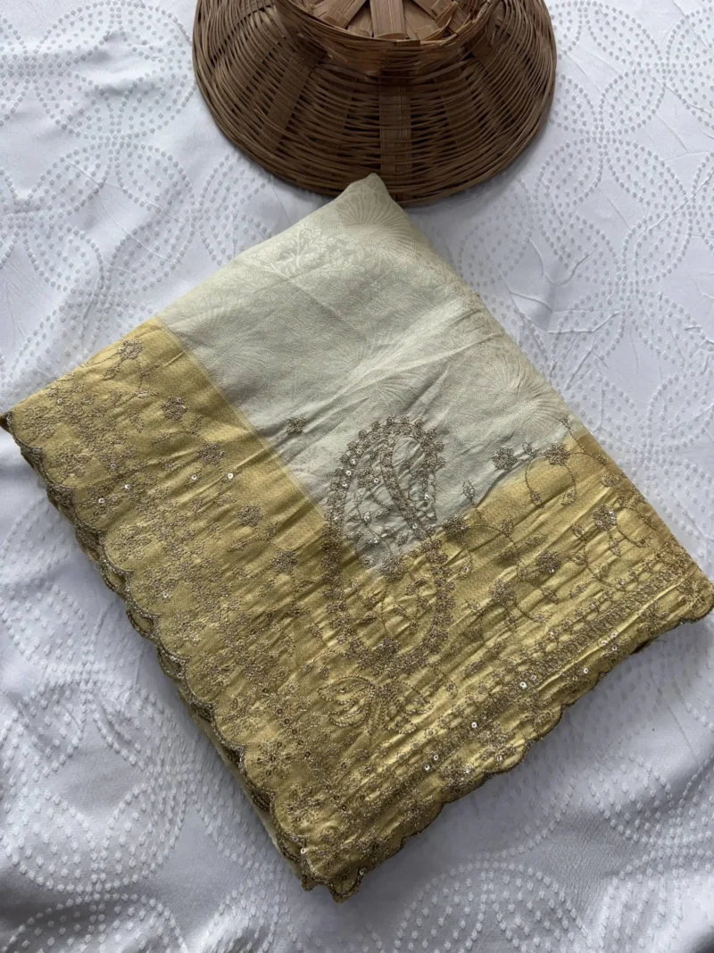 Pastel Cream Pure Kanjivaram Silk Wedding Saree with Gold Zari Weaving Border open folded
