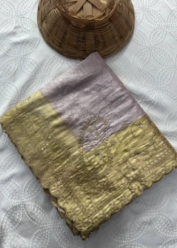 Pastel Cream Pure Kanjivaram Silk Wedding Saree with Gold Zari Weaving Border