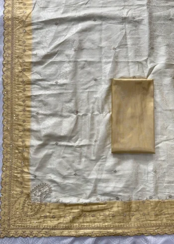 Pastel Cream Pure Kanjivaram Silk Wedding Saree with Gold Zari Weaving Border open live image