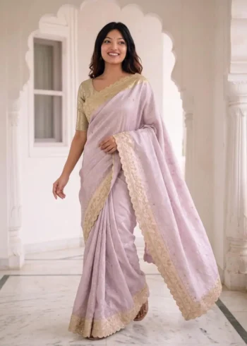 Pastel Lavender Pure Kanjivaram Silk Wedding Saree with Gold Zari Weaving Border front look