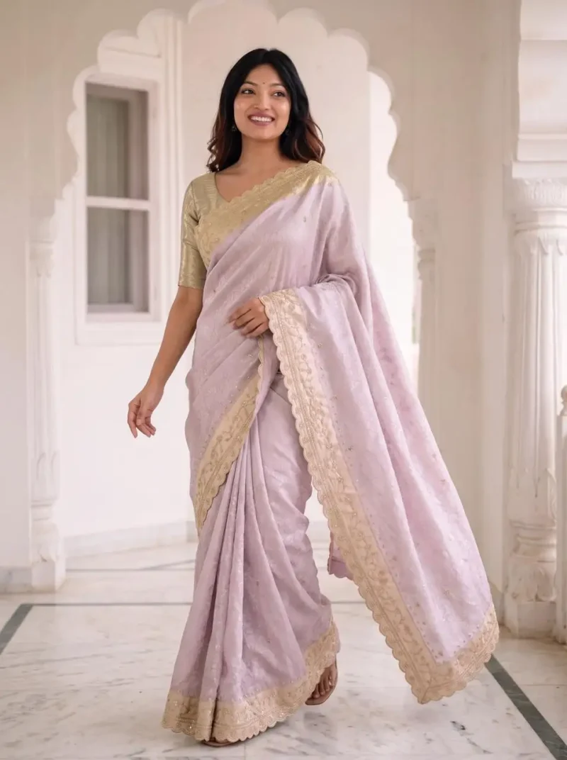 Pastel Lavender Pure Kanjivaram Silk Wedding Saree with Gold Zari Weaving Border front look