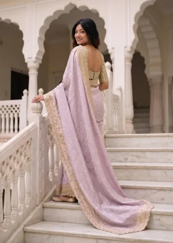 Pastel Lavender Pure Kanjivaram Silk Wedding Saree with Gold Zari Weaving Border back design
