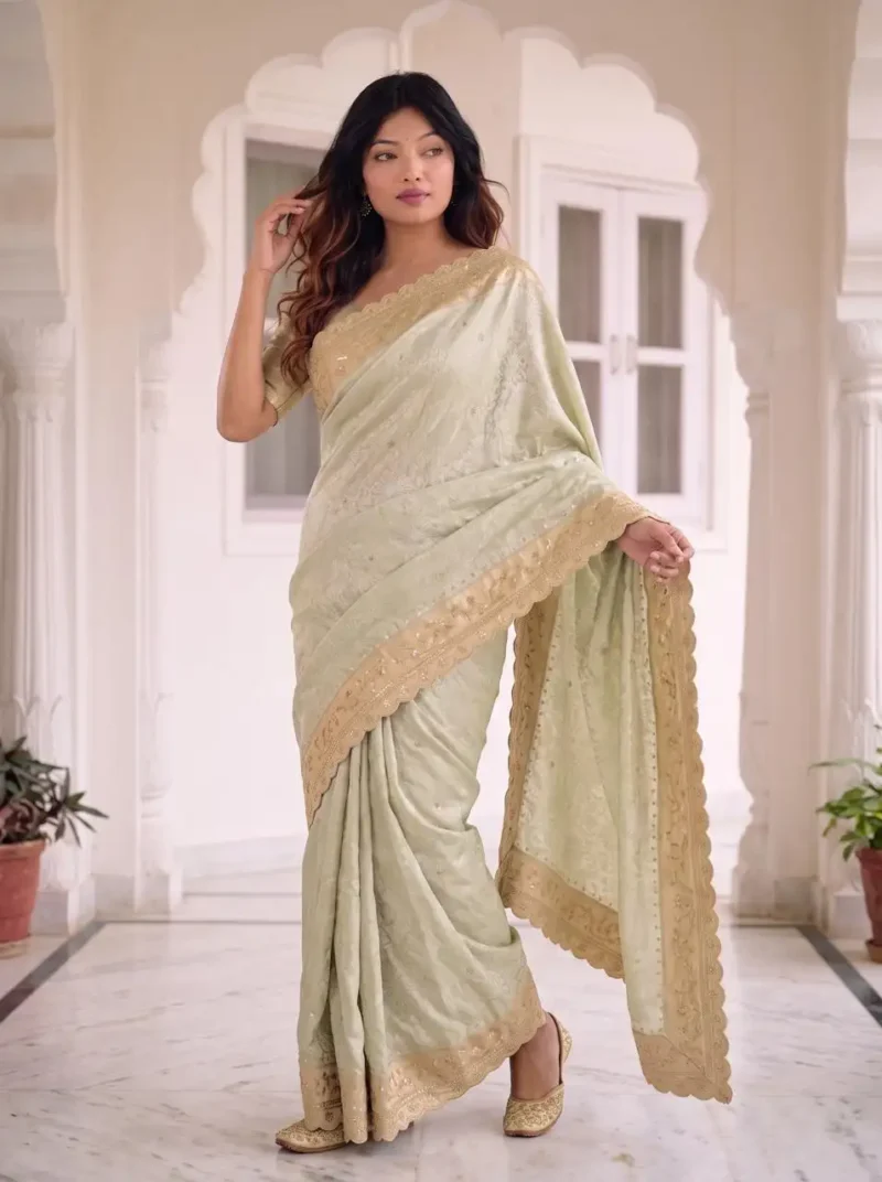 Pastel Pista Pure Kanjivaram Silk Wedding Saree with Gold Zari Weaving Border