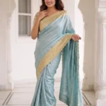 Pastel Sky Blue Pure Kanjivaram Silk Wedding Saree with Gold Zari Weaving Border front look