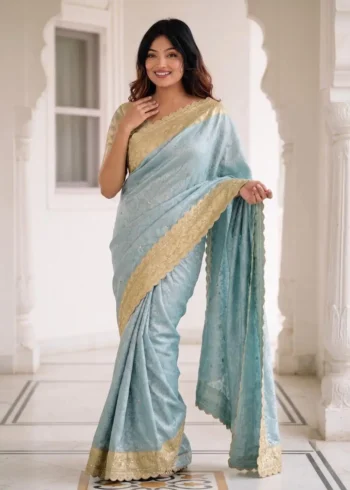 Pastel Sky Blue Pure Kanjivaram Silk Wedding Saree with Gold Zari Weaving Border front look