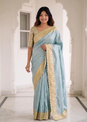 Pastel Sky Blue Pure Kanjivaram Silk Wedding Saree with Gold Zari Weaving Border full look