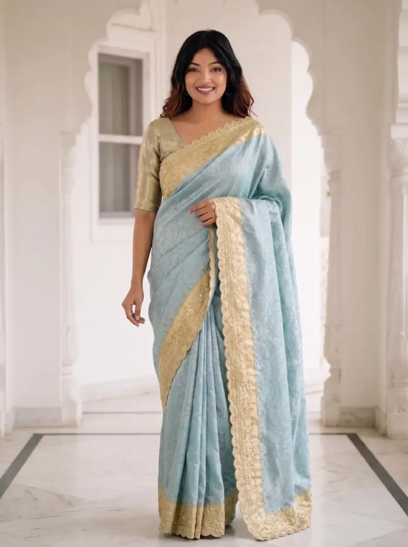 Pastel Sky Blue Pure Kanjivaram Silk Wedding Saree with Gold Zari Weaving Border full look