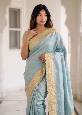 Pastel Sky Blue Pure Kanjivaram Silk Wedding Saree with Gold Zari Weaving Border front look