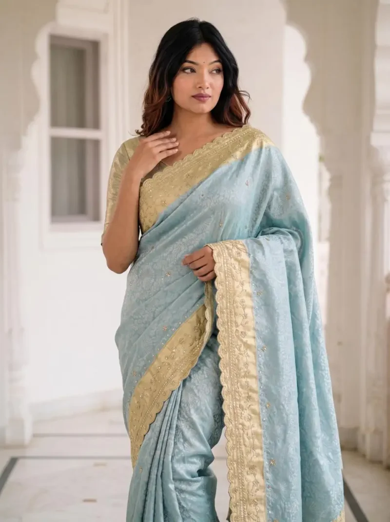 Pastel Sky Blue Pure Kanjivaram Silk Wedding Saree with Gold Zari Weaving Border front look